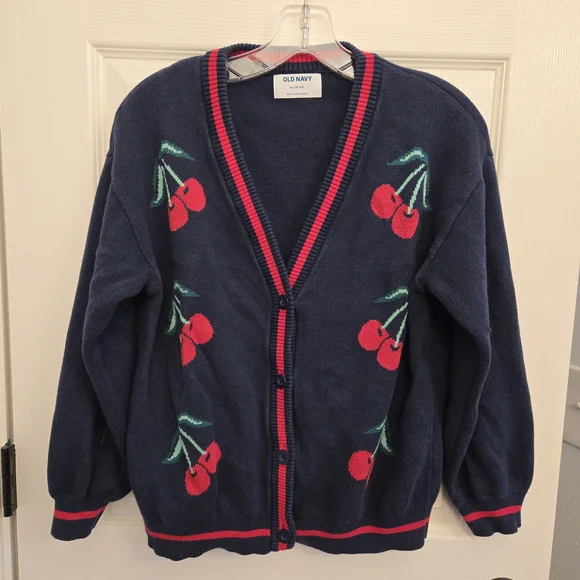 Kid's 100% Cotton Navy Cherry Sweater - Preppy, Relaxed Fit, Y2k, Gilmore Girls - Picture 1 of 5